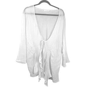 Luna Luz XL Linen Smocked Cascading Front Tie Kimono White Flowy Resort Beach